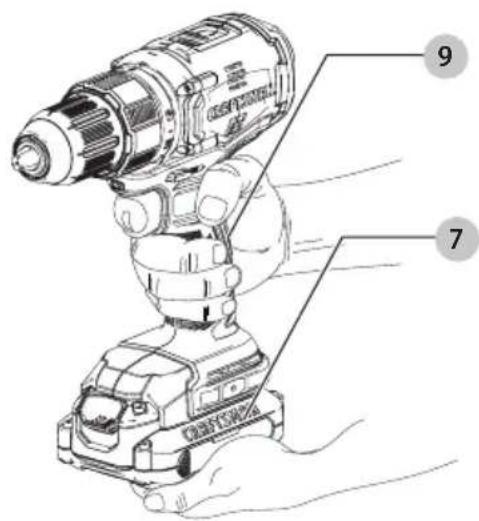 Technical diagram of a hand holding a drill bit with numbered parts labeled 7 and 9