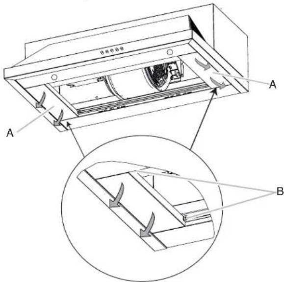 Technical diagram of a refrigerator with labeled parts A and B, showing airflow direction and structural details.
