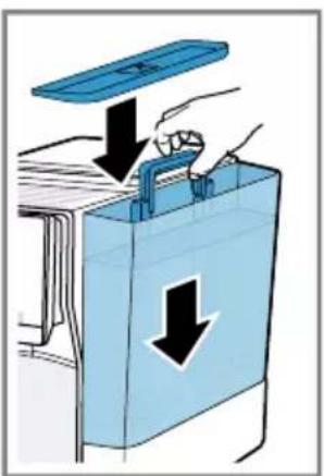 Diagram showing a blue folder with downward arrows indicating process or movement, possibly illustrating a mechanical or operational process.