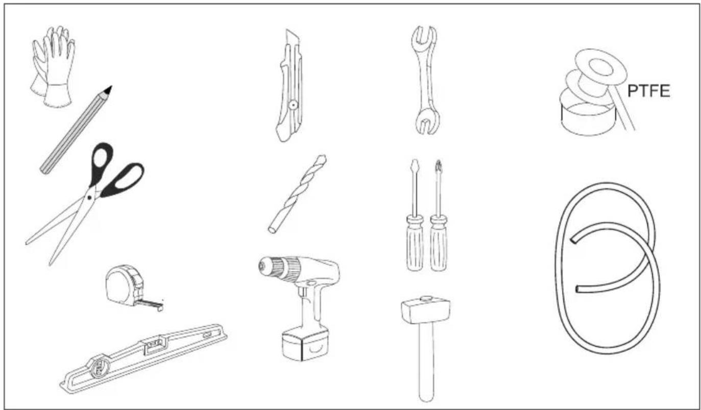 Technical diagram showing various hand tools and components with labels like PTFE and a circular symbol.