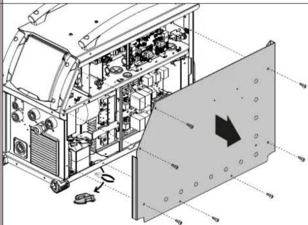 Technical diagram of an electronic device with labeled components and a directional arrow indicating motion or movement.