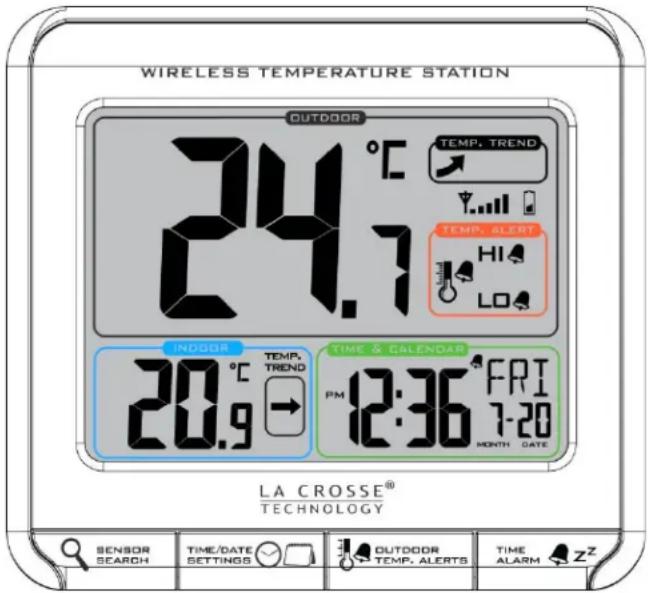 WIRELESS TEMPERATURE STATION OUTDOOR 24.7 TEMP. TREND TEMP. ALERT HI LO INDOOR TEMP. TREND TIME & CALENDAR 20.9 PM 12:36 FRI 7-20 MONTH DATE LA CROSSE® TECHNOLOGY SENSOR SEARCH TIME/DATE SETTINGS OUTDOOR TEMP. ALERTS TIME ALARM Z