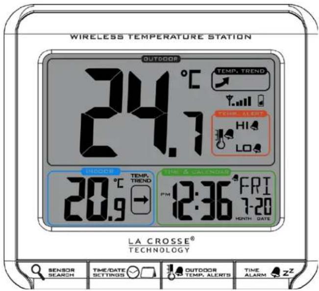 WIRELESS TEMPERATURE STATION OUTDOOR 24.7°C TEMP. TREND TEMP. ALERT HI LO INDOOR TEMP. TREND TIME & CAL/NDAY 20.9°C PM 12:36 FRI 7-20 MONTH DATE LA CROSSE® TECHNOLOGY SENSOR SEARCH TIME/DATE SETTINGS OUTDOOR TEMP. ALERTS TIME ALARM ZZ
