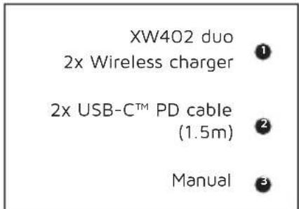 XW402 duo 2x Wireless charger 2x USB-C™ PD cable (1.5m) Manual