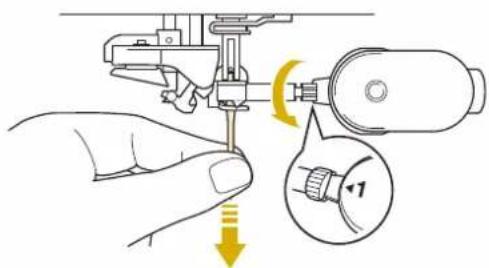BABY LOCK Solaris Vision - À l'aide du tournevis, dévissez la vis du support de l'aiguille en la faisant tourner vers l'avant de la machine et desserrez-la. Retirez l'aiguille. - 1
