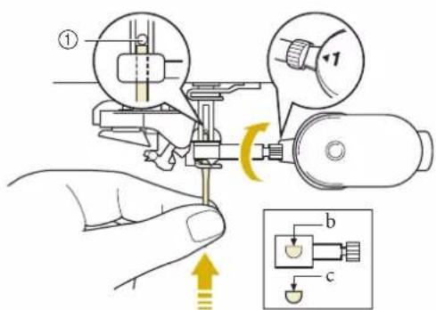 BABY LOCK Solaris Vision - Le côté plat de l'aiguille tourné vers l'arrière, enfoncez la nouvelle aiguille au maximum jusqu'à la butée de l'aiguille (fenêtre de contrôle) du support. À l'aide d'un tournevis, serrez bien la vis du support de l'aiguille. - 1