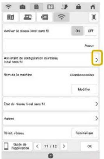 Activir le réseau local sans fil ON OFF Aurun Assistant de configuration du réseau local sans fil Nom de la machine XXXXXXXXXX Modifier Etat du réseau local sans fil > Autres > Réinit, réseau Rêinitialiser Guide de l'application < 11 / 12 > OK