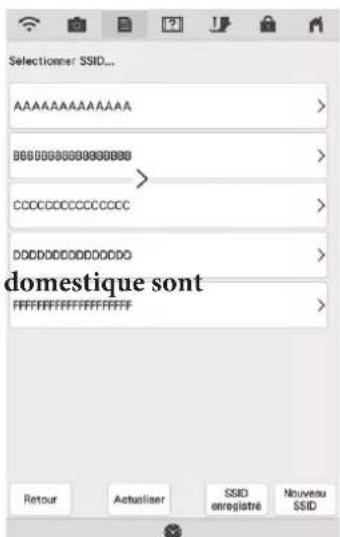 Selectioner: SSID... AAAAAAAAAAA B8888888888888 CCCCCCCCCCCCC DDDDDDDDDDDDDD domestique sont FFFFFFFFFFFFFF Retour Actualiser SSID enregistré Nouveau SSID