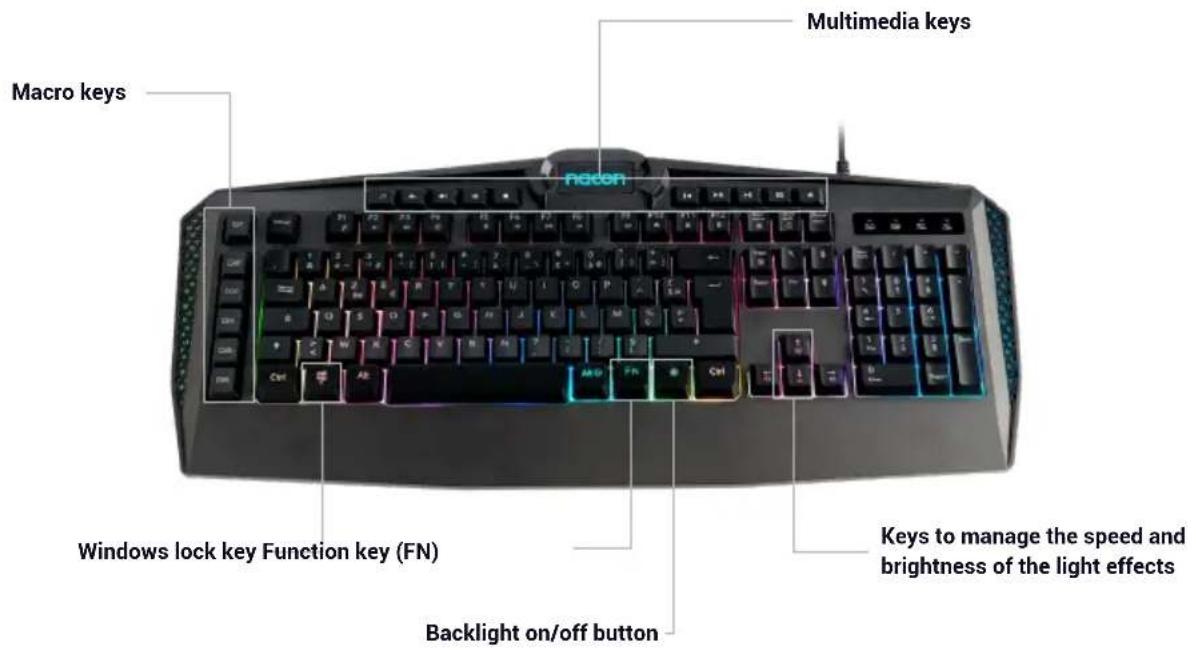 Macro keys Multimedia keys Windows lock key Function key (FN) Backlight on/off button Keys to manage the speed and brightness of the light effects