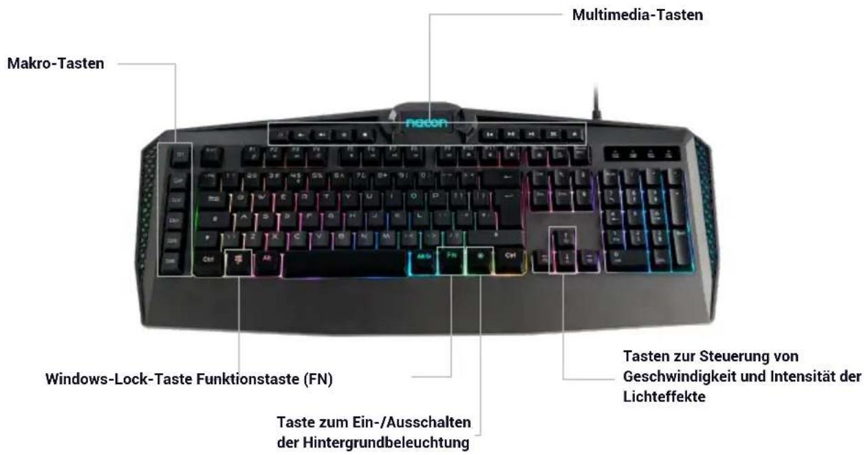 Makro-Tasten Multimedia-Tasten Windows-Lock-Taste Funktionstaste (FN) Taste zum Ein-/Ausschalten der Hintergrundbeleuchtung Tasten zur Steuerung von Geschwindigkeit und Intensität der Lichteffekte