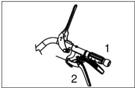 Technical diagram of a mechanical clamp or tool with labeled parts 1 and 2