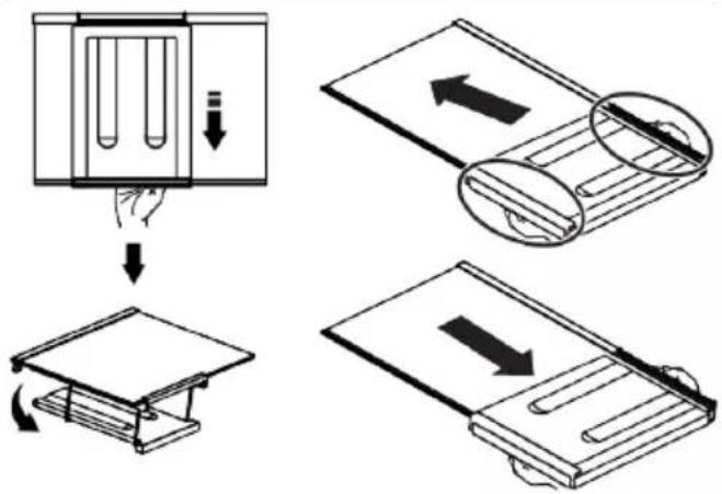 Diagram illustrating a folding or reordering process of a device, showing step-by-step folding and assembly steps.