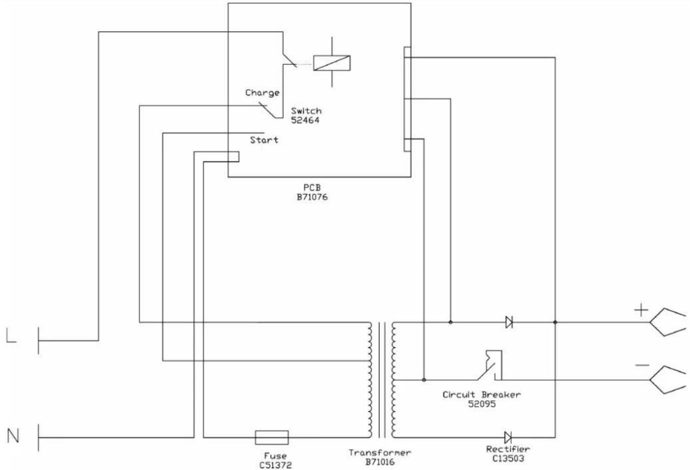 Charge Switch 52464 Start PCB B71076 L N Fuse C51372 Transformer B71016 Circuit Breaker 52095 Rectifier C13503