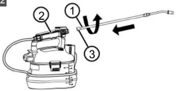 Diagram of a spray gun with labeled parts and directional arrow indicating motion