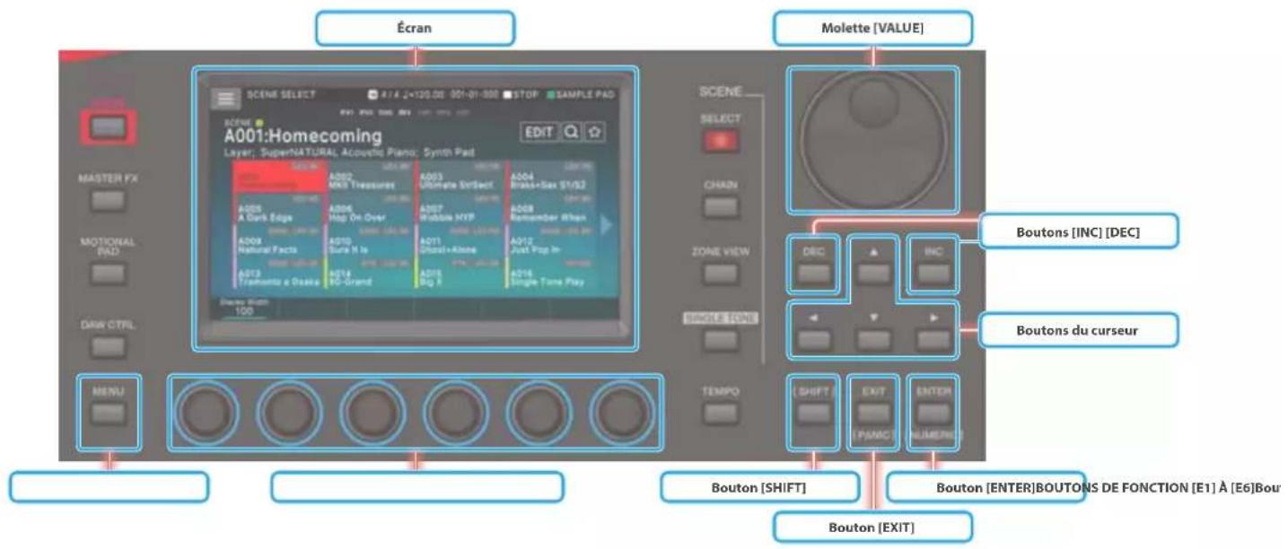 Écran MASTER FX MOTIONAL PAD DAW CTRL MENU A001:Homecoming Layer: SuperNATURAL Acoustic Piano; Synth Pad MOLETTE [VALUE] A002 MKS Treasures A003 Ultimate Surface A004 Brass+Sex S1/92 A005 A Dark Edge A006 Map On Over A007 Mobile NYP A008 Remainder When A009 Remainl Facts A010 Sura N Is A011 Ghost+Alone A012 Just Pop In A013 Trabunta e Disas A014 NG-Grand A015 Big II A016 Single Tone Play SCÈNE SELECT CHAIN ZONE VIEW Boutons [INC] [DEC] BOUTONS du curseur THEMPO [SHIFT] EXIT PAMC ENTER NUMENO Bouton [SHIFT] Bouton [ENTER]BOUTONS DE FONCTION [E1] À [E6]Bour Bouton [EXIT]