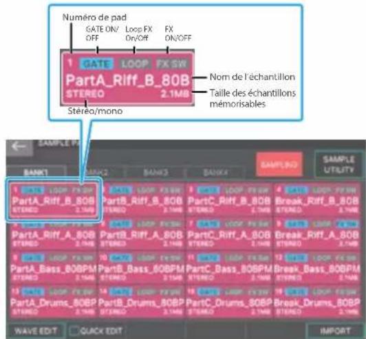 Numéro de pad GATE ON/ OFF Loop FX On/OFF FX ON/OFF 1 GATE LOOP FX SW PartA_Riff_B_80B STEREO 2.1MB Stéréo/mono Nom de l'échantillon Taille des échantillons mémorisables SAMPLE FILE BANKT BANKS BANKS BANKS SAMPLE UTILITY 1 GATE LOOP FX SW PartA_Riff_B_80B STEREO 2.1MB 1 GATE LOOP FX SW PartB_Riff_B_80B STEREO 2.1MB 1 GATE LOOP FX SW PartC_Riff_B_80B STEREO 2.1MB 4 GATE LOOP FX SW Break_Riff_B_80B STEREO 2.1MB 5 GATE LOOP FX SW PartA_Riff_A_80B STEREO 2.1MB 10 GATE LOOP FX SW PartC_Riff_A_80B STEREO 2.1MB 11 GATE LOOP FX SW Break_Riff_A_80B STEREO 2.1MB 8 GATE LOOP FX SW PartA_Bass_80BP M PartB_Bass_80BP M PartC_Bass_80BP M Break_Bass_80BP M STEREO 2.1MB 13 GATE LOOP FX SW PartA_Drums_80BP PartB_Drums_80BP PartC_Drums_80BP Break_Drums_80BP STEREO 2.1MB WAVE EDIT QUICK EDIT IMPORT