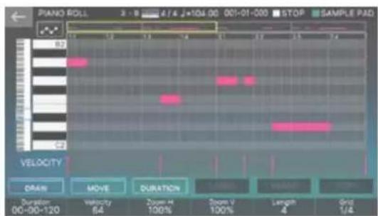 PIANO ROLL 3 + 9 4/4 2+104.00 001-01-000 STOP SAMPLE PAD B2 VELOCITY ORAIN MOVE DURATION Duration 00-00-120 Velocity 54 Zoom at 100% Zoom V 100% Length 4 Grid 1/4