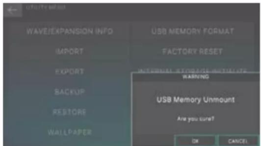 WAVE/EXPANSION INFO IMPORT EXPORT BACKUP RESTORE WALLPAPER USB MEMORY FORMAT FACTORY RESET INTERNAL STORAGE INITIALS WARNING USB Memory Unmount Are you sure? OK CANCEL