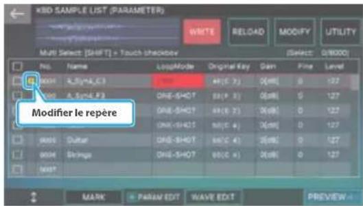 KBD SAMPLE LIST (PARAMETER) WRITE RELOAD MODIFY UTILITY Multi Select [SHIFT] + Touch checkbox [Select: 0/8000] No. Name LoopMode Original Key Gain Fine Level 0001 A,SY4,C3 Add C: ( 2) D(W) 0 127 000 A,SYN4,F3 DMS-SHOT Add C: ( 2) D(W) 0 127 0001 DUTAR DMS-SHOT Add C: ( 2) D(W) 0 127 0004 Srinings DMS-SHOT Add C: ( 2) D(W) 0 127 0007 Modifier le repère MARK PARAM EDIT WAVE EDIT PREVIEW