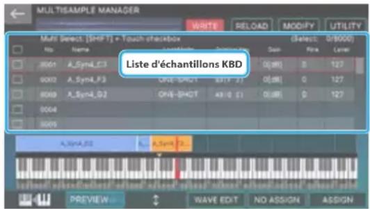 MULTISAMPLE MANAGER WRITE RELOAD MODIFY UTILITY Multi Select [SHF 1] + Touch checkbox (Select: 0/5000) No Name Name Name Name J661 A_Syn4_C3 9002 A_Syn4_F3 8009 A_Syn4_D2 Liste d'échantillons KBD ONE-SHGT SHT 77 ONE-SHGT X3 0 (1) (0.00) 0 127 (0.00) 0 127 (0.00) 0 127 A_Syn4_03 A_Syn4_23 PREVIEW WAVE EDIT NO ASSIGN ASSIGN