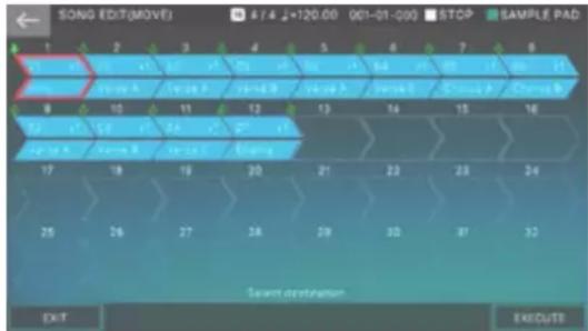 SONG EDIT(MOVE) 4/4 120.00 (001-01-00) STOP SAMPLE PAD 1 2 3 4 5 6 7 8 19 20 21 22 23 24 25 26 27 28 29 30 31 32 SANT destination EXIT EXECUTS