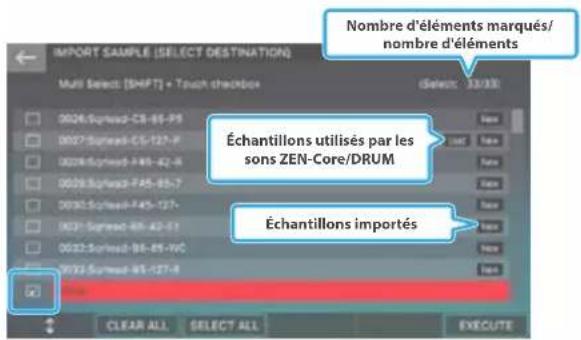 IMPORT SAMPLE (SELECT DESTINATION) Multi Select [SHIFT] + Touch checkbox Nombre d'éléments marqués/ nombre d'éléments Échantillons utilisés par les sons ZEN-Core/DRUM Échantillons importés CLEAR ALL SELECT ALL EXECUTE