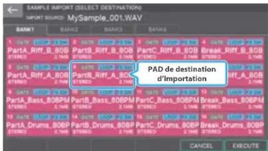 SAMPLE IMPORT (SELECT DESTINATION) IMPORT SOURCE: MySample_001.WAV BANK1 BANK2 BANK3 BANK4 3 DATE 008 2.5 MB 6 DATE 008 2.5 MB 3 DATE 008 2.5 MB 4 DATE 008 2.5 MB PartA_Riff_B_80B STEREO 2.1MB STEREO 2.1MB STEREO Break_Riff_B_80B STEREO 2.1MB STEREO 2.1MB 5 DATE 008 2.5 MB 6 DATE 008 2.5 MB 3 DATE 008 2.5 MB 4 DATE 008 2.5 MB PartA_Riff_A_80B STEREO 2.1MB STEREO Break_Riff_A_80B STEREO 2.1MB STEREO Break_Riff_A_80B STEREO 2.1MB PAD de destination d'Importation 9 DATE 008 2.5 MB 10 DATE 008 2.5 MB 11 DATE 008 2.5 MB 12 DATE 008 2.5 MB PartA_Bass_80BPM STEREO 2.1MB STEREO PartC_Bass_80BPM STEREO 2.1MB STEREO Break_Bass_80BPM STEREO 2.1MB 12 DATE 008 2.5 MB 14 DATE 008 2.5 MB 15 DATE 008 2.5 MB 16 DATE 008 2.5 MB PartA_Drums_80BP STEREO PartC_Drums_80BP STEREO Break_Drums_80BP STEREO 2.1MB STEREO Break_Drums_80BP STEREO 2.1MB CANCEL EXECUTE