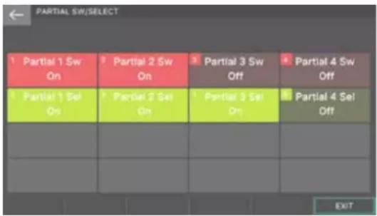 PARTIAL SW/SELECT 1 Partial 1 Sw On 2 Partial 2 Sw On 3 Partial 3 Sw Off 4 Partial 4 Sw Off 5 Partial 1 Sel On 6 Partial 2 Sel On 7 Partial 3 Sel On 8 Partial 4 Sel Off EXIT