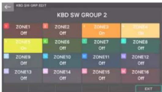 KBD SW GRP EDIT KBD SW GROUP 2 ZONE1 Off ZONE2 Off ZONE3 On ZONE4 On ZONE5 On ZONE6 Off ZONE7 Off ZONE8 Off ZONE9 Off ZONE10 Off ZONE11 Off ZONE12 Off ZONE13 Off ZONE14 Off ZONE15 Off ZONE16 Off EXIT