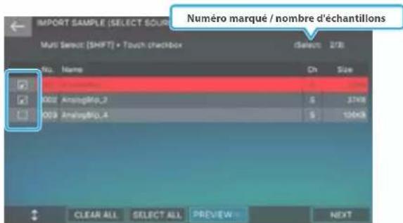 Numéro marqué / nombre d'échantillons Multi Select [SHIFT] • Touch Checkbox Select: 278 No. Name Ch Size 002 AnalogMio_3 S 27KB 003 AnalogMio_4 S 10KB CLEAR ALL SELECT ALL PREVIEW NEXT