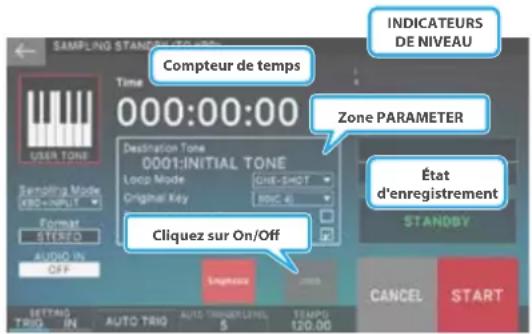 INDICATEURS DE NIVEAU Compteur de temps 000:00:00 Time USER TONE Destination Tone 0001:INITIAL TONE Loop Mode GNE-SHOT Original Key RNC 4L Format STEREO AUDIO IN OFF Cliquez sur On/Off Zone PARAMETER État d'enregistrement STANDBY CANCE START INTUING STANDING AUTO TRIQ 5 TEMPD 120.00