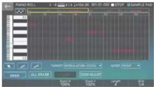 PIANO ROLL 5 - 9 4 / 4 *104.00 001-01-020 STOP SAMPLE PAD B0 TAROST MODULATION (CODE) MODIC POINT ORAN ALL ERASE ZOOM ADJUST Zoom A 100% Zoom V 100% Length 4 Grid 1/8