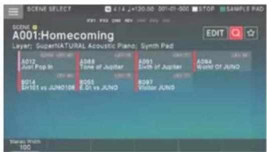 A001:Homecoming Layer: SuperNATURAL Acoustic Piano; Synth Pad A012 Just Pop In B014 SH101 vs JUNO108 A088 Tone of Jupiter B056 E 01 vs JUNO A091 Sixth of Jupiter B097 Visitor JUNO A098 World Of JUNO EDIT Stereo Match 100
