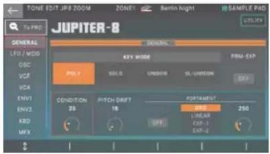 TONE EDIT JPB 200M ZONE1 Berlin Night SAMPLE PAD TS PRO JUPITER-8 GENERAL LFD / MDD OBC VCP VCA ENV1 ENV2 KBO MFX SOMATO KEY MODE PILY EXP SOLD UNISON SL-UNISON CONDITION PITCH SHIFT PORTAMENT 25 16 250 OFF LINEAR EXP-1 EXP-2