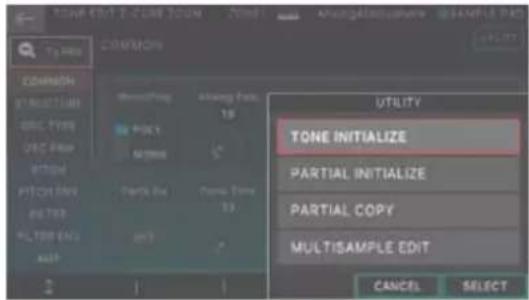 COMMON COMMON FUNCTION GNC TYPE DEC TYPE TYPE PITCHEN AVES FILTER ENI MULTISAMPLE EDIT UTILITY TONE INITIALIZE PARTIAL INITIALIZE PARTIAL COPY MULTISAMPLE EDIT CANCEL SELECT