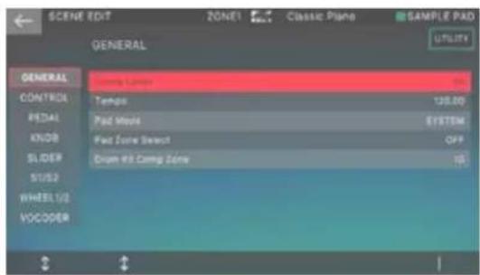 SCENE EDIT ZONE1 Classic Plane SAMPLE PAD GENERAL UTILITY GENERAL Tempo Tempo 130.00 CONTROL PAL Pac Mode SYSTEM MEDAL Pac Zone Select OFF KNDR Sliding Dram Kit Casing Zone 10 SL/S2 WHEEL/UE VOCODER