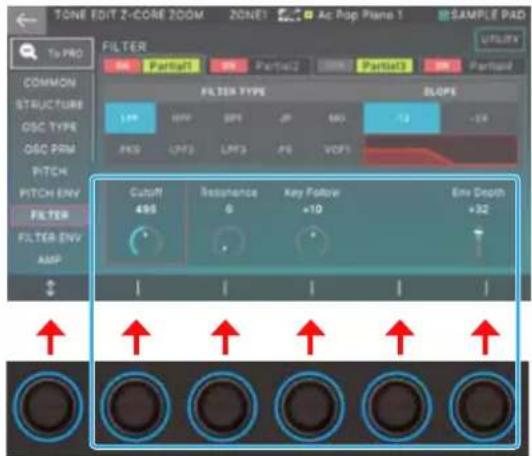 TONE EDIT Z-CORE ZOOM ZONE1 Ac Pop Piano 1 SAMPLE PAD TS PRO FILTER OK PARTIAL1 OK PARTIAL2 OK PARTIAL3 OK PARTIAL4 COMMON STRUCTURE OSC TYPE OSC PRM PITCH PITCH ENV FILTER FILTER ENV AMP FILTER TYPE BLOPE LFP HFP DPI JP 600 -13 -19 PRO LPP3 LPP3 JP8 VDP1 Cutoff 495 Resonance 0 Key Follow +10 Env Depth +32