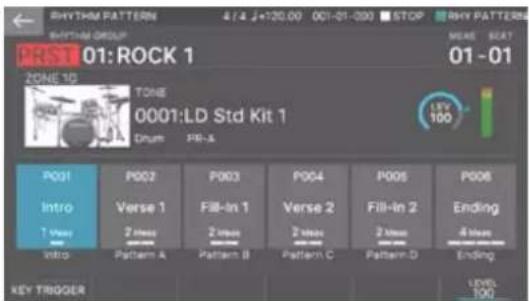 RHYTHM PATTERN 4/4 J+120.00 001-01-030 STOP RHY PATTERNS RHYTHM GROUP 01:01:ROCK 1 01-01 ZONE 1D TONE 0001:LD Std Kit 1 Drum FIR-A POST Intro 1 Venu Intro P002 Verse 1 2 Venu Pattern A P003 Fill-in 1 2 Venu Pattern B P004 Verse 2 2 Venu Pattern C P005 Fill-in 2 2 Venu Pattern D P006 Ending 8 Venu Ending KEY TRIGGER LEVELS 100