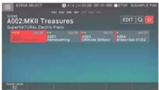 SCENE SELECT 4:14 2x130.00 001-01-000 STOP SAMPLE PAD A002:MKII Treasures SuperNATURAL Electric Piano EDIT #001 Homecoming A001 Ultimate StrSect A004 Brass+Sax ST/52 Source Level 8.2
