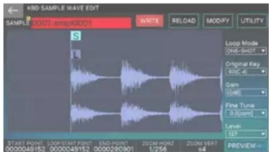 KBD SAMPLE WAVE EDIT SAMPLE 0001 xmp0001 WRITE RELOAD MODIFY UTILITY S Loop Mode ONE-SHOT Original Key 600.4 Gain 2.00% Fine Tune 3.0(cent) Layer 127 START POINT LOOP/START POINT END POINT ZOOM HOKZ ZOOM VERT 000049152 000049152 000280901 1/256 x4 PREVIEW