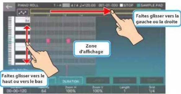Piano Roll 1 - 4 4 / 4 j=120.00 01-01-000 STOP SAMPLE PAD Faites glisser vers la gauche ou la droite Zone d'affichage Faites glisser vers le haut ou vers le bas 00-00-120 84 DURATION Zoom H 100% Zoom V 100% Length T Graz 1/4