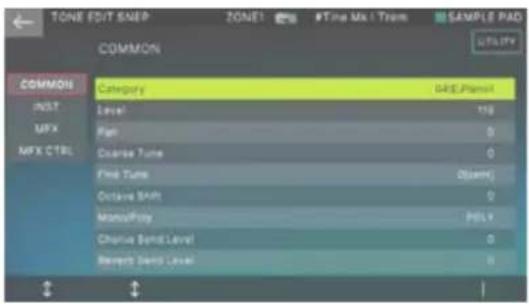 TONE EDIT SNEP ZONE1 #Time Max 1 Trim SAMPLE PAD COMMON UTILITY COMMON Category SNEP Platform INST Level 150 MFX Plan 0 MFX CTRL Charlava Tube 0 Fine Tube 0 (mm) Octave Shift 0 MacroPlay PULLv Charlava Band Level 0 Barnet Band Level 0