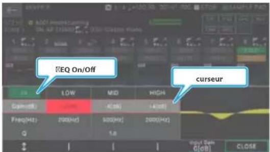 EQ On/Off curseur LOW MID HIGH GymodR 40dB 14dB Freq(Hz) 2000Hz 5000Hz 2000Hz Q 1.8 Close (See close) CLOSE
