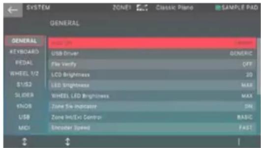 SYSTEM ZONE1 Classic Piano SAMPLE PAD GENERAL GENERAL KEYBOARD FEDAL WHEEL 1/2 SUSD SLIDER KNO5 USB MIDI USB Driver File verify LCD Brightness LED Brightness WHEEL LED Brightness Zone Size Indicator Zone Int/Ext Control Encoder Speed DISCRETE GENERIC OFF 20 MAX MAX SN BASIC FAST