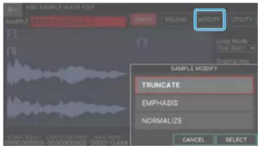 PRO SAMPLE WAVE TEXT SAMPLE WRITE RELOAD MODIFY UTILITY Sample Mode True State Original Key SAMPLE MODIFY TRUNCATE EMPHASIS NORMALIZE CANCEL SELECT