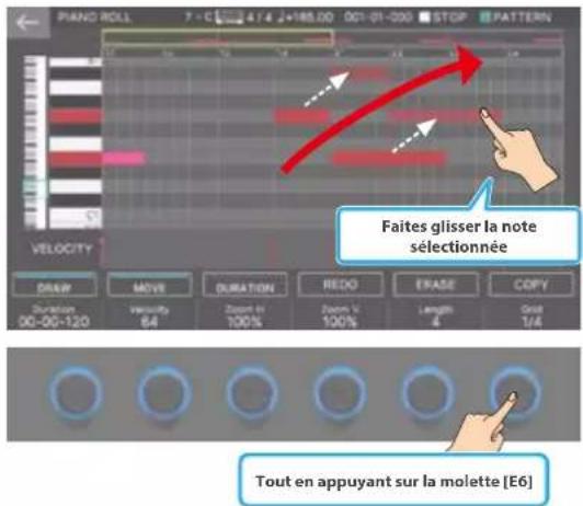 PIANO ROLL 7 - C 4 / 4 2185.00 001-01-000 STOP PATTERN VELOCITY Faites glisser la note sélectionnée DRAY MOVE DURATION REDO ERASE COPY Duration 00-00-120 VECUITY 64 ZOOM IN 100% Zoom V 100% Length 4 Grid 1/4 Tout en appuyant sur la molette [E6]