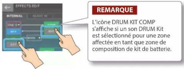 REMARQUE L'icône DRUM KIT COMP s'affiche si un son DRUM Kit est sélectionné pour une zone affectée en tant que zone de composition de kit de batterie.