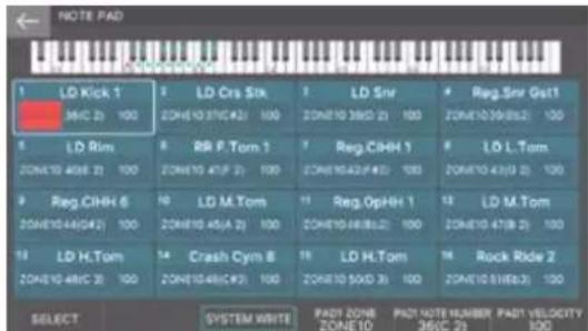 NOTE PAD 1 LD Kick 1 36(C 2) 100 2 LD Cts Stk ZONE10 37(C #2) 100 3 LD Snr ZONE10 38(D 2) 100 4 Reg.Snr Gst1 ZONE10 39(B #2) 100 5 LD Rim ZONE10 40(E 2) 100 6 RR F.Tom 1 ZONE10 41(F 2) 100 7 Reg.CIHH 1 ZONE10 42(F #2) 100 8 LD L.Tom ZONE10 43(D 2) 100 9 Reg.CIHH 6 ZONE10 44(G #2) 100 10 LD M.Tom ZONE10 45(A 2) 100 11 Reg.OpHH 1 ZONE10 46(B #2) 100 12 LD M.Tom ZONE10 47(B 2) 100 13 LD H.Tom ZONE10 48(C #2) 100 14 Crash Cym 8 ZONE10 49(C #2) 100 15 LD H.Tom ZONE10 50(D 3) 100 16 Rock Ride 2 ZONE10 51(B #3) 100 SELECT SYSTEM WRITE PADI ZONE ZONE 10 PADI NOTE NUMBER 36(C 2) PADI VELOCITY 100