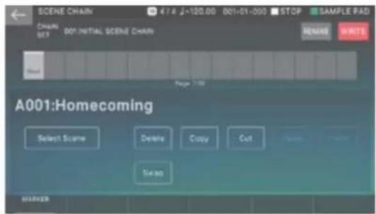 SCENE CHAIN 4 / 4 j=120.00 001-01-00 STOP SAMPLE PAD CHAIN SET DOT INITIAL SCENE CHAIN SENDS WRITE Page 1/10 A001:Homecoming Select Scene Delete Copy Cut Swap MARKER