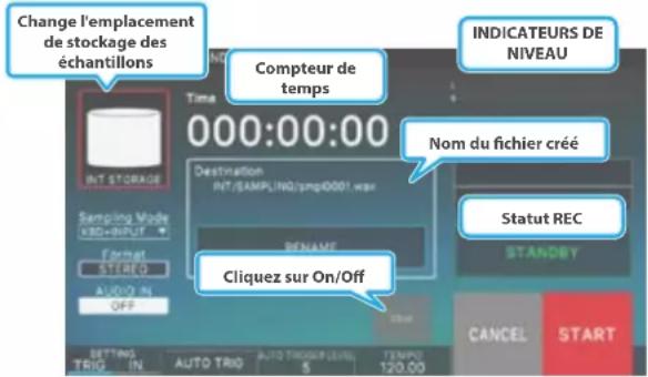 Change l'emplacement de stockage des échantillons Time 000:00:00 Compteur de temps INDICATEURS DE NIVEAU Nom du fichier créé Destination PIT/SAMPLING/5mg/0001.war BENAME Cliquez sur On/Off Statut REC STANDBY CANCEL START INT STORAGE Sampling Mode VRS-NIPUT Format STUDIO AUDIO IN OFF SETTING TRIG IN AUTO TRIG AUTO TRIGER LEVEL 6 TEMPS 120.00